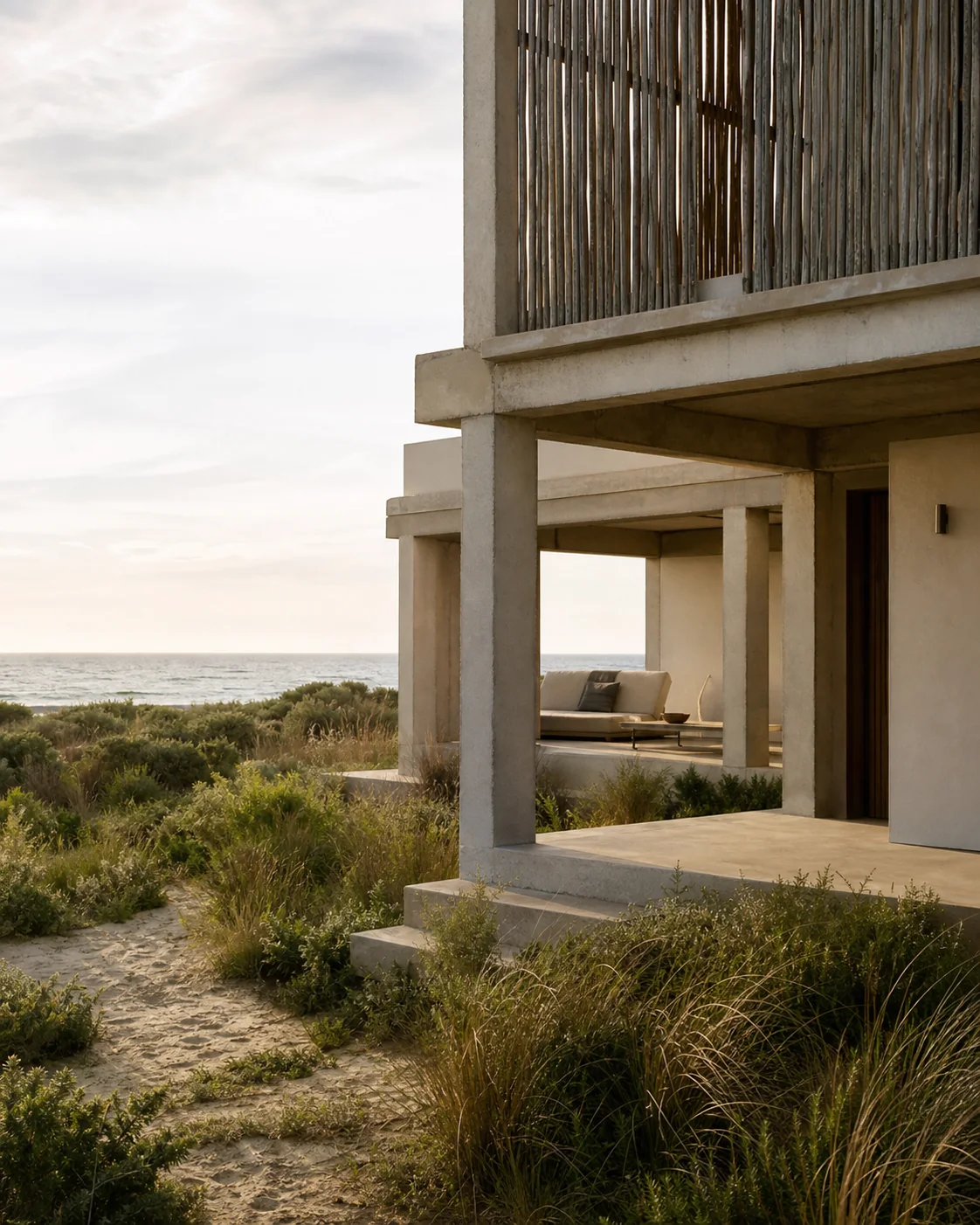 Pale coastal retreat opening toward dunes and sea