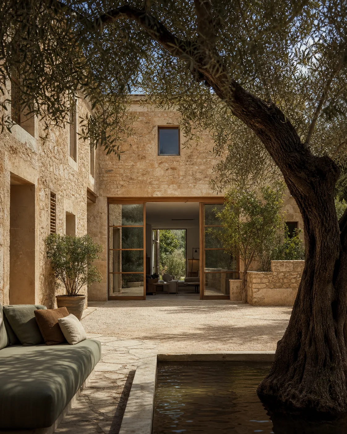 Mallorcan stone courtyard shaded by an ancient olive tree