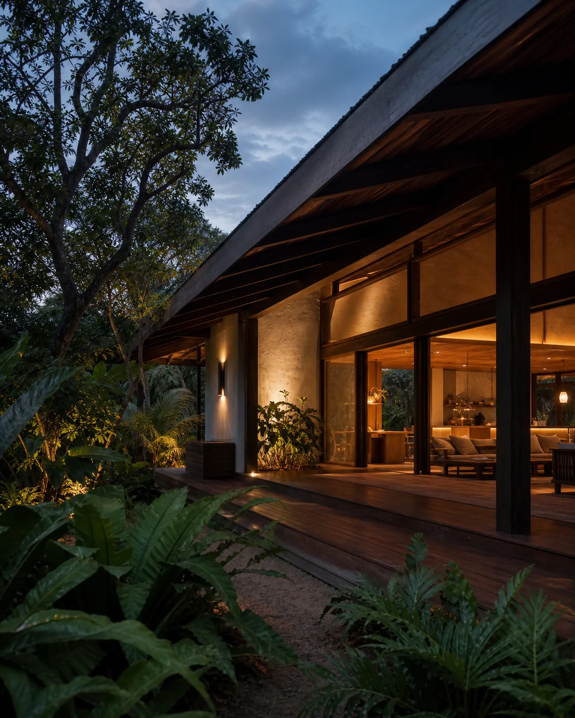 Timber pavilion glowing within a lush tropical garden at dusk